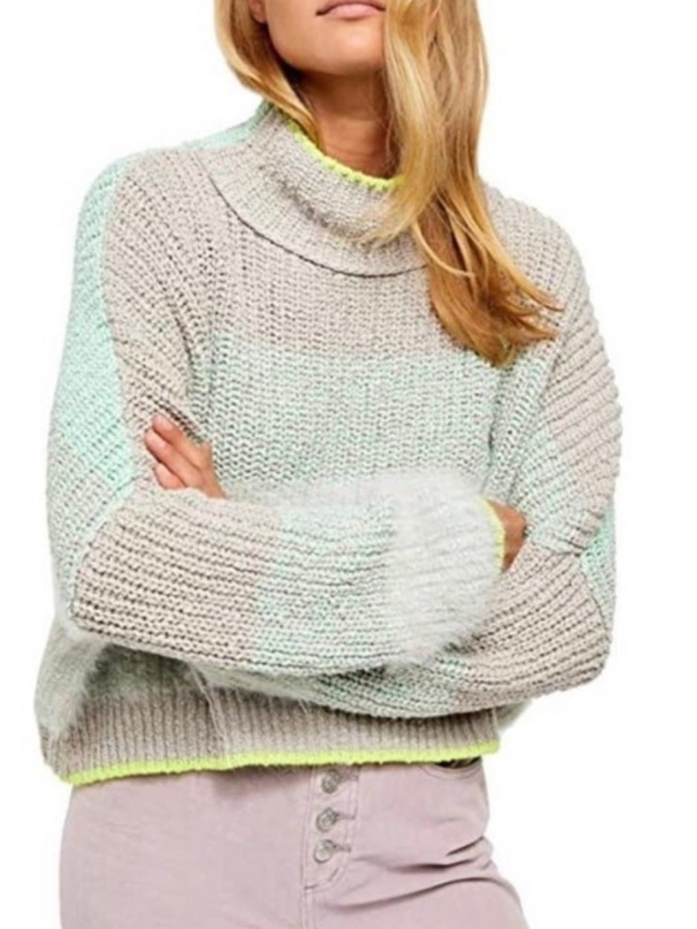 Free People Colorblock Cropped Turtleneck Sweater Fuzzy Knit Neon Trim large